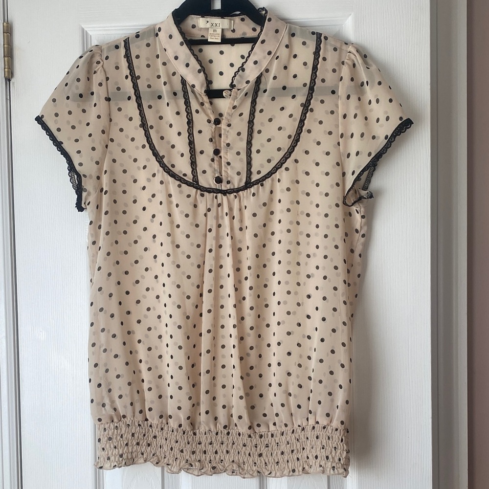 Forever 21 Cream Polka Dot Blouse with Black Accents